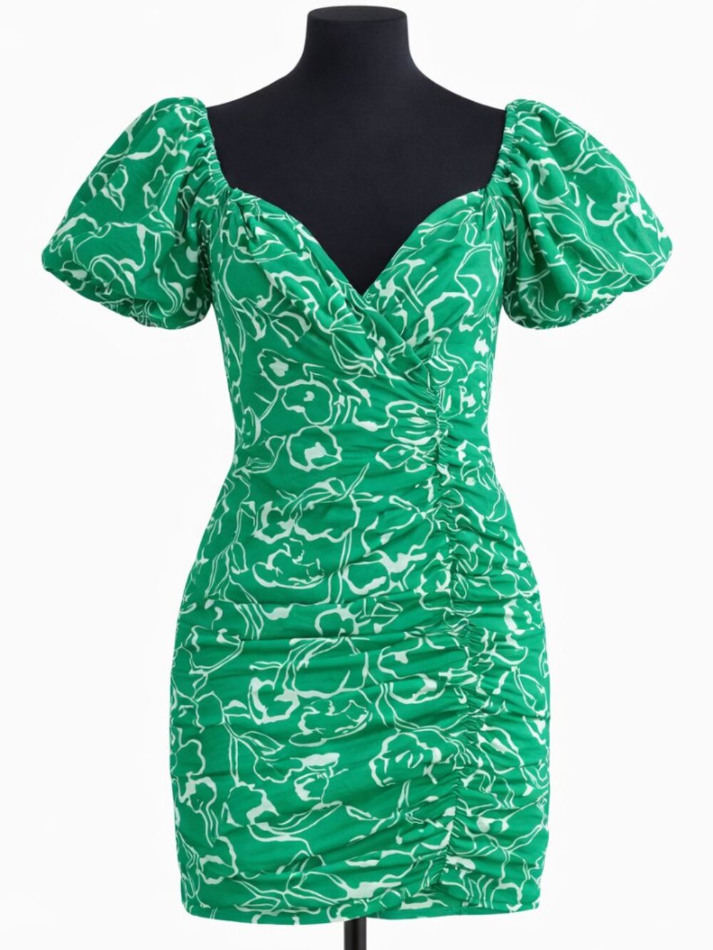 Saints + Secrets Green Floral Ruched Puff Sleeve Mini Dress - Medium